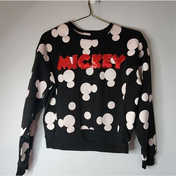 Mickey Mouse Black & White Pullover Sweatshirt Red Sequin Letters Jr Size M 7-9 - Picture 1 of 5